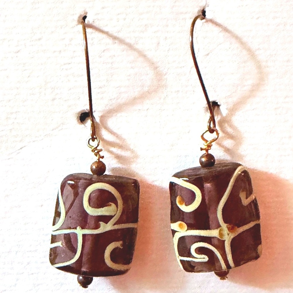 Glass Bead Earrings Purple Cream Swirl Artisan Drop Hook Stephanie Aune Artist